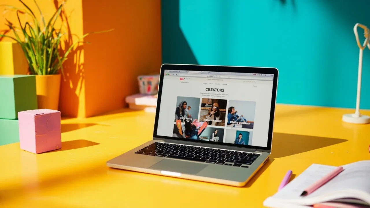 Symbolbild: ein Laptop auf einem hellen, farbenfrohen Schreibtisch zeigt die Portfolio-Website eines Creators